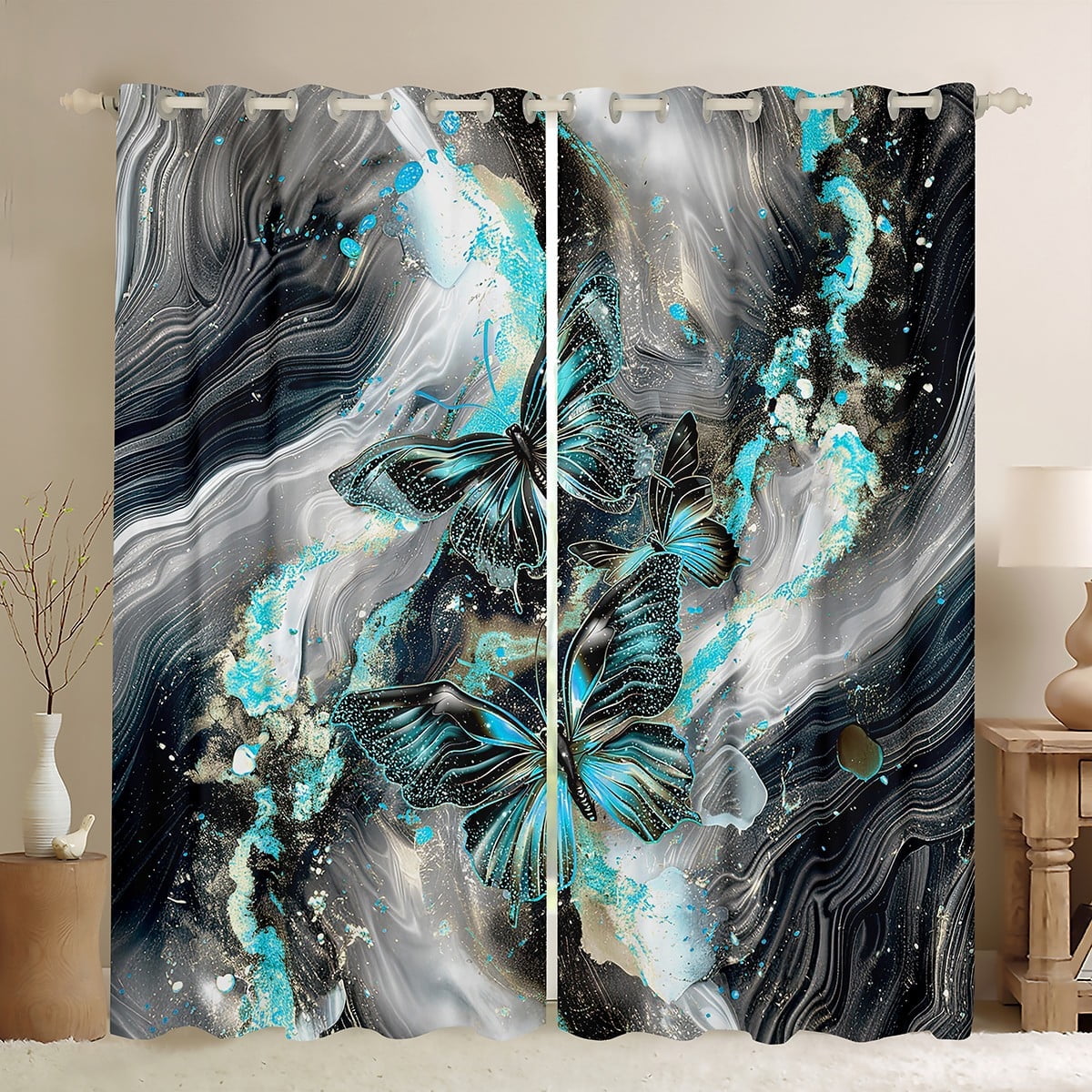 Black Marble 30%-50% Blackout Curtains Blue Butterfly Curtains,Cyan Marbling Curtains & Drapes 2 Panels 42"Wx63"L