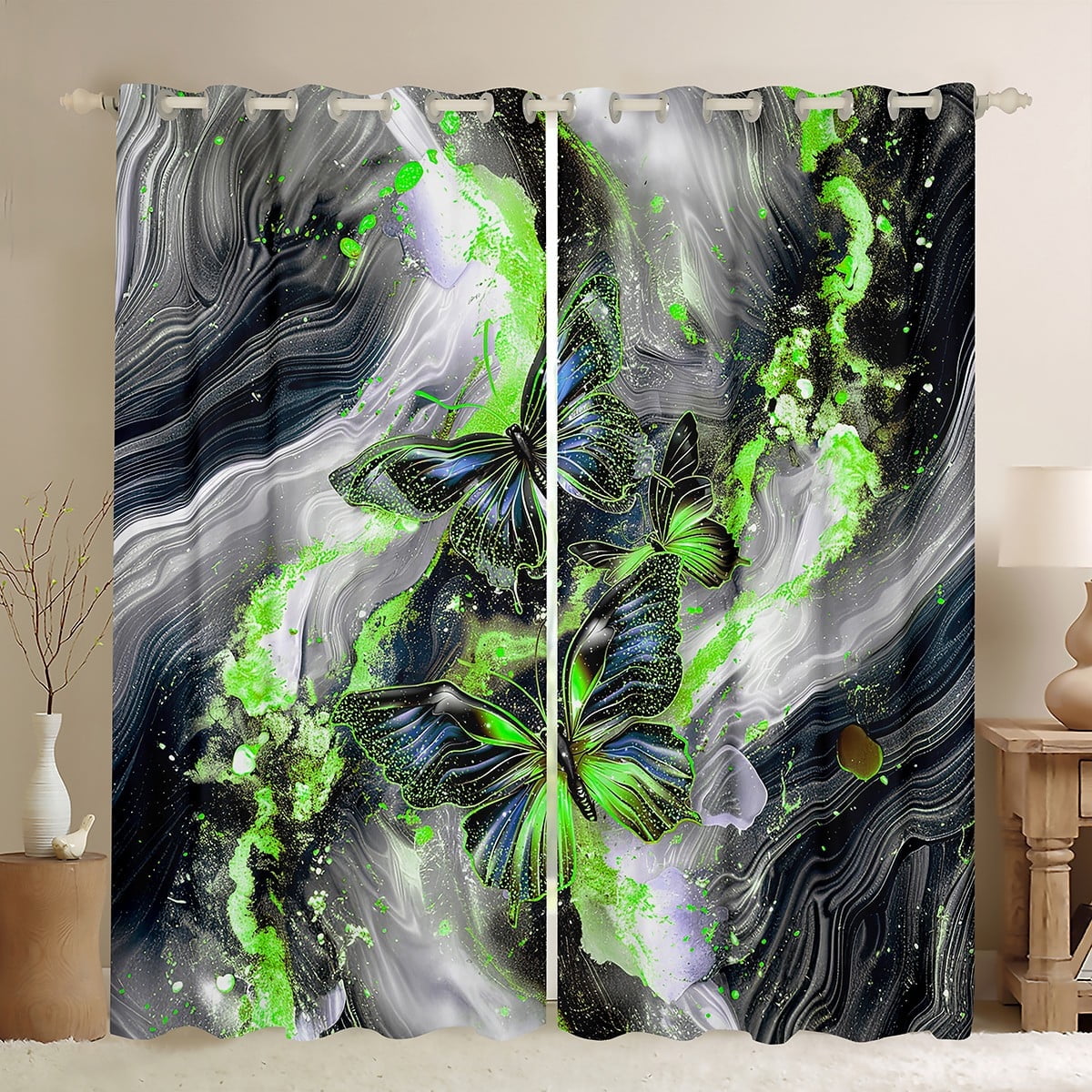 Black Marble 30%-50% Blackout Curtains Blue Butterfly Curtains,Green Marbling Curtains & Drapes 2 Panels 38"Wx45"L
