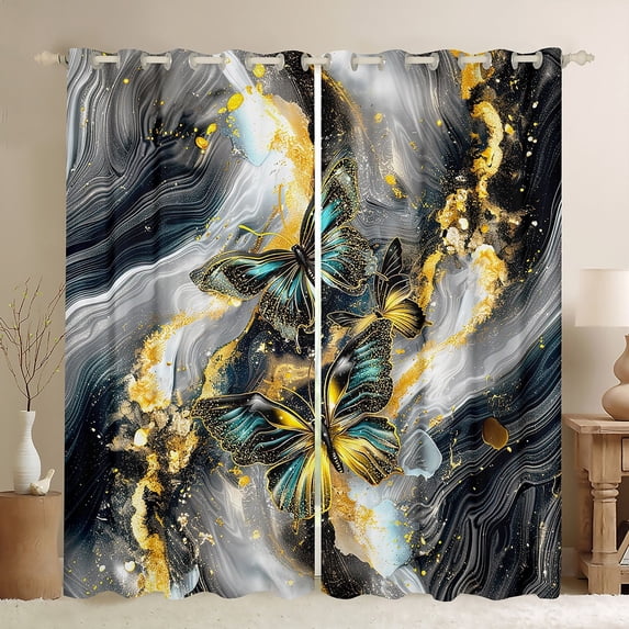 Black Marble 30%-50% Blackout Curtains Teal Butterfly Curtains & Drapes 2 Panels 38"Wx54"L,Gold Marbling Curtains Abstract Ombre Ink Fluid Art Window Curtains