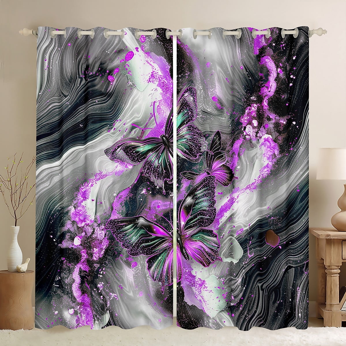 Black Marble 30%-50% Blackout Curtains Teal Butterfly Curtains,Lilac Marbling Curtains & Drapes 2 Panels 38"Wx54"L