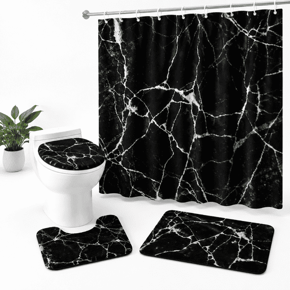 Black Marble 4-Piece Bathroom Linen Accessory Set with Shower Curtain, Rugs and Hooks