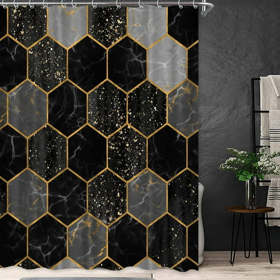Black Marble Abstract Shower Curtain, Modern Geometric Gold Yellow Luxury Cool Grid Bath Accessories Fabric Curtain, Art Waterproof Shower Curtain Set with 12 Hooks