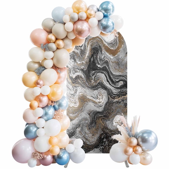 Black Marble Arch Backdrop Cover 7.2Ft, Wedding Arch Covers Stretchy Backdrop, Retro Chic Abstract Mottled Texture Art Fitted 2 Sided Arched Photo Background for Birthday Party Decorations