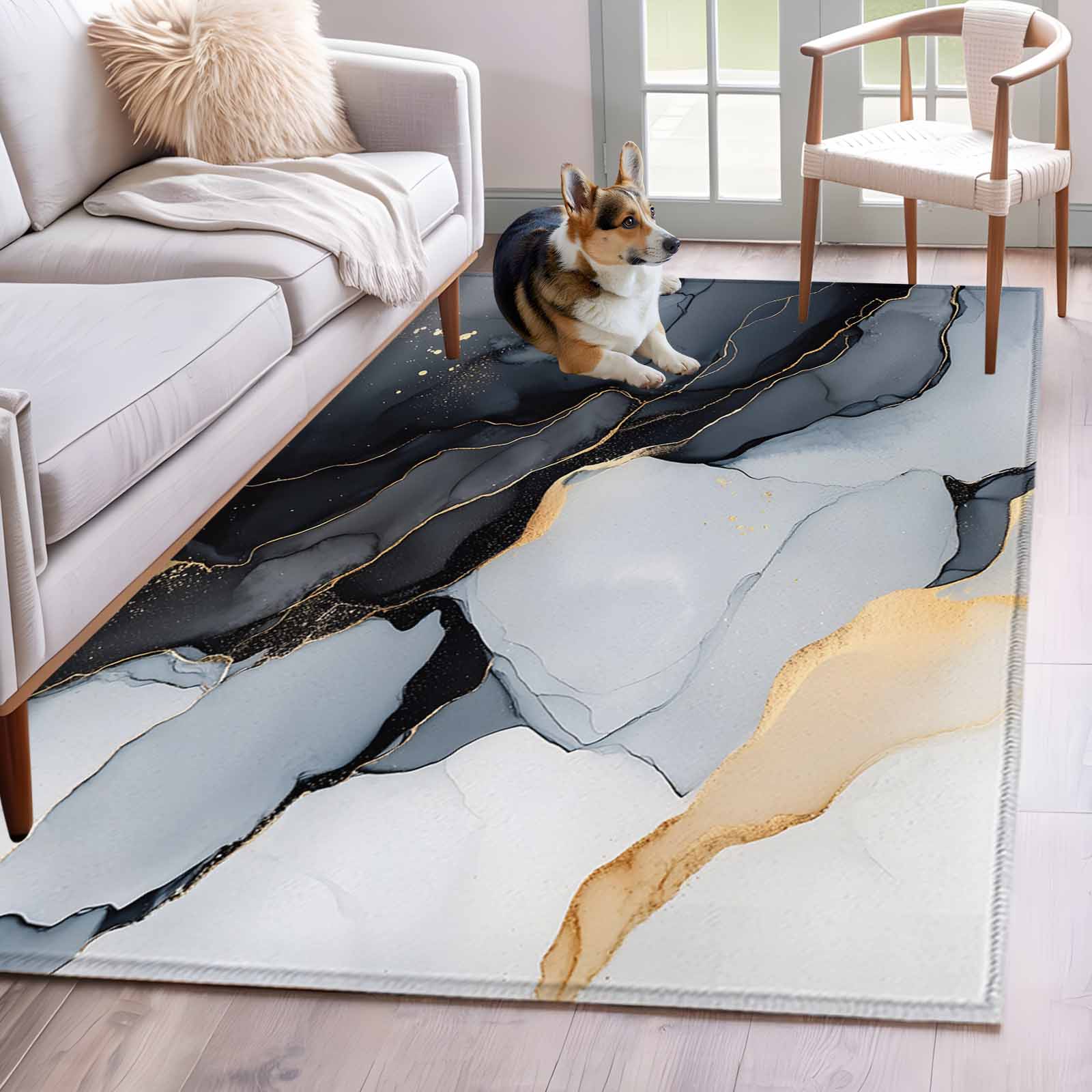 Black Marble Area Rug 3x5 FT, Non Slip Entryway Bedside Carpet, Modern ...