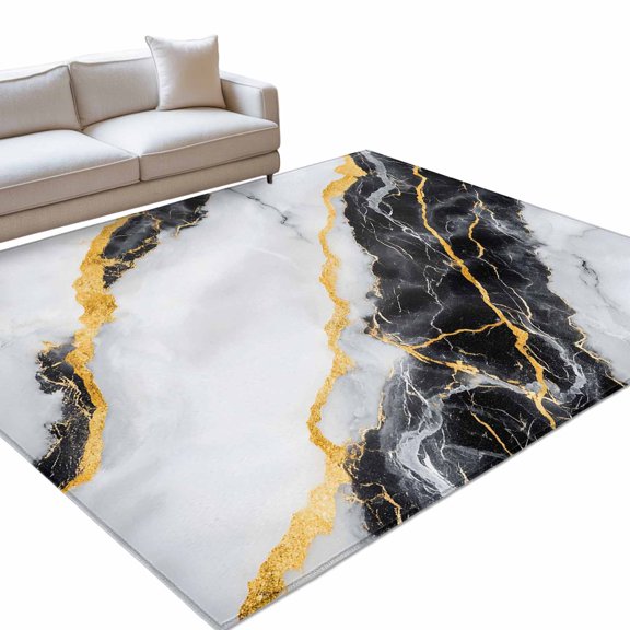 Black Marble Area Rug, Abstract Retro Non-Slip Felt Rubber Backing Rectangle Indoor Carpet Washable Rugs for Living Room Bedroom 5x8ft