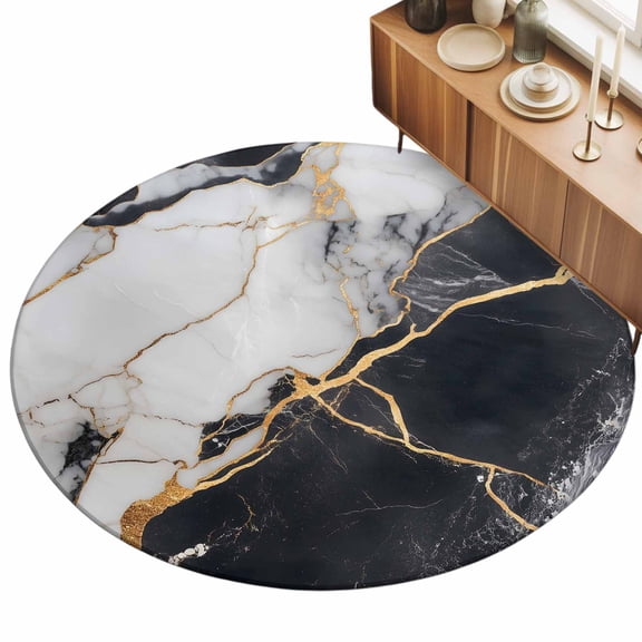 Black Marble Area Rug, Gold Line Modern Non-Slip Felt Rubber Backing Round Indoor Carpet Washable Rugs for Living Room Bedroom 4ft