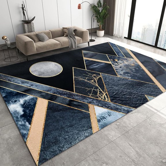 Black Marble Area Rugs, Custom Geometric Apartment Carpet, Doormat Wear-Resistant and Easy to Care for Good Water Absorption for Living Study Bedroom Game Room,4ft x 5ft