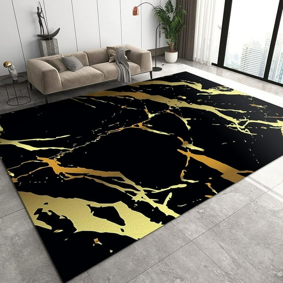 Black Marble Area Rugs, Golden Abstract Stone Grain Texture Outdoor Carpet, Modern Non-slip Hallway Doormat Entrance Washable Rug for Living Room Bedroom Apartment Home Decor Mats 5'x8'
