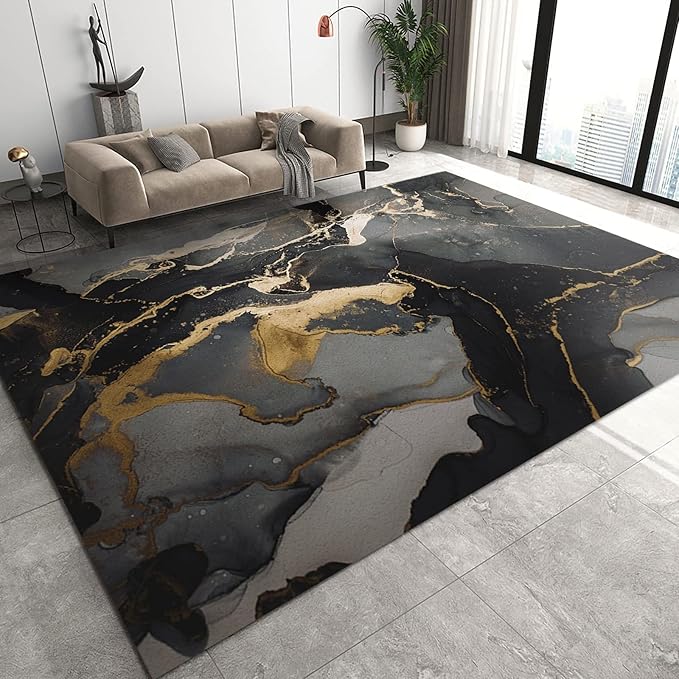 Black Marble Area Rugs, Golden Paint Oil Painting Apartment Carpet ...