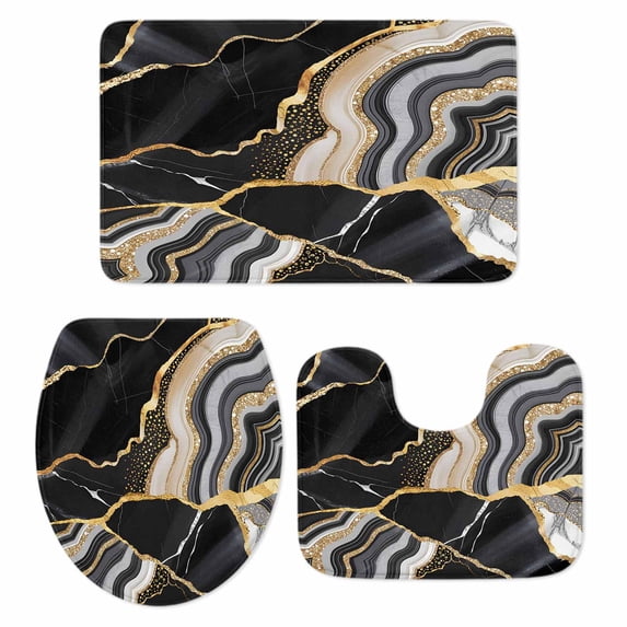 Black Marble Bath Mat 3 Piece Bathroom Rug Set, Grey Gold Texture Vintage Farmhouse Art Non Slip Bath Rug Contour Mat and Toilet Lid Cover, Absorbent Shower Mats Soft Bath Rugs and Mats Sets