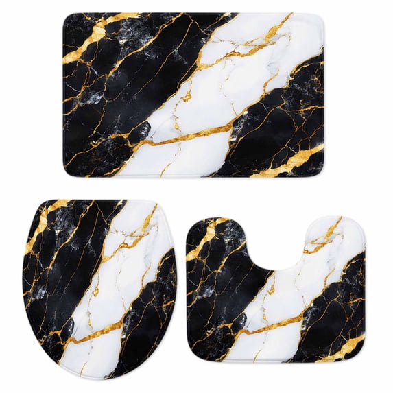 Black Marble Bath Mat 3 Piece Bathroom Rug Set, Luxury Gold White Abstract Cracks Artwork Non Slip Bath Rug Contour Mat and Toilet Lid Cover, Absorbent Shower Mats Soft Bath Rugs and Mats Sets
