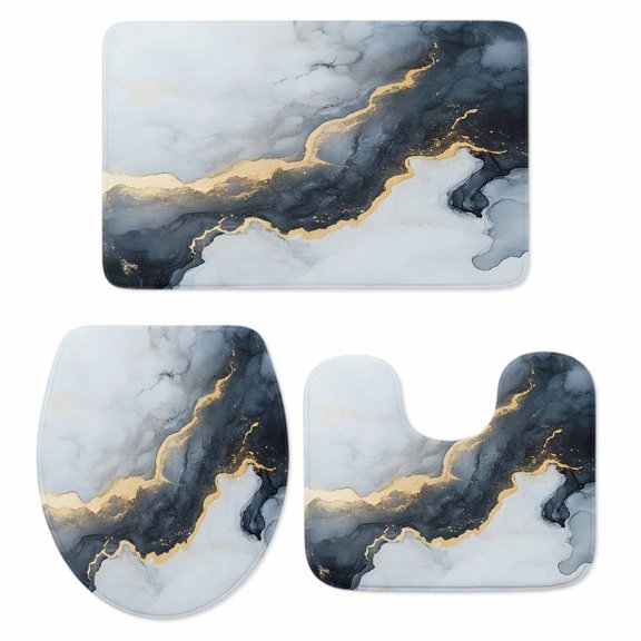 Black Marble Bath Mat 3 Piece Bathroom Rug Set, Modern Abstract Art Ink Painted Non Slip Bath Rug Contour Mat and Toilet Lid Cover, Absorbent Shower Mats Soft Bath Rugs and Mats Sets