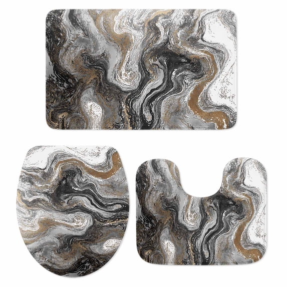 Black Marble Bath Mat 3 Piece Bathroom Rug Set, Retro Chic Abstract Mottled Texture Art Non Slip Bath Rug Contour Mat and Toilet Lid Cover, Absorbent Shower Mats Soft Bath Rugs and Mats Sets