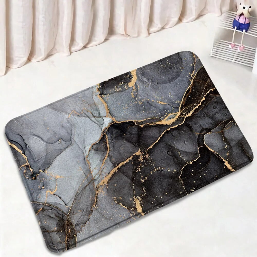 Black Marble Bath Mat Set Gold Grey Textured Abstract Art Pattern ...