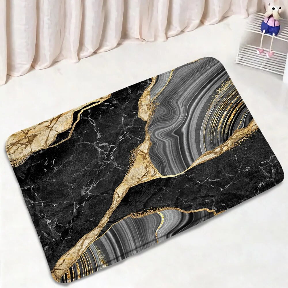 Black Marble Bath Mat Set Gold Grey Textured Abstract Art Pattern ...