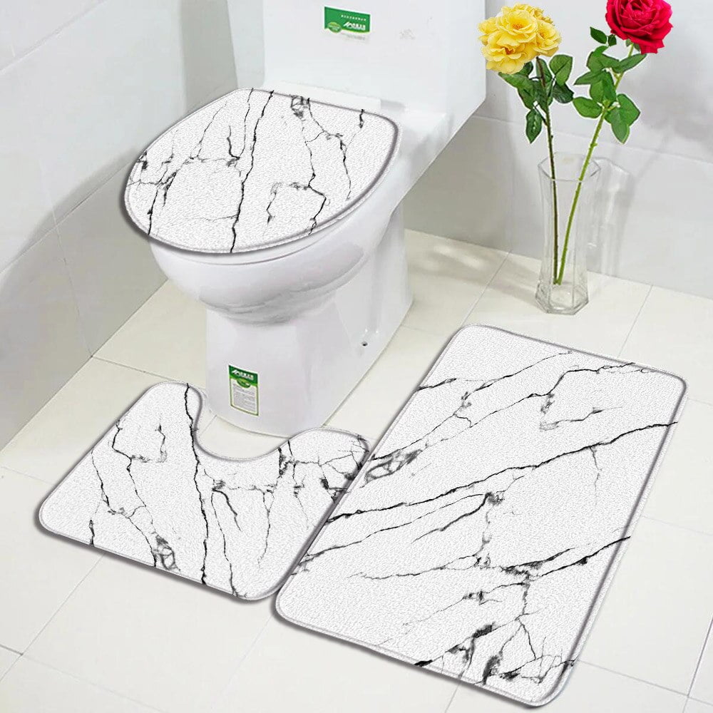 Black Marble Bath Mat Set White Textured Pattern Abstract Art Modern ...