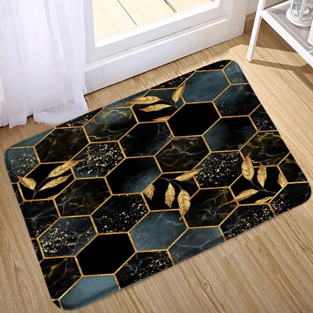 Black Marble Bath Mats Gold Grey Lines Creative Abstract Geometric Art