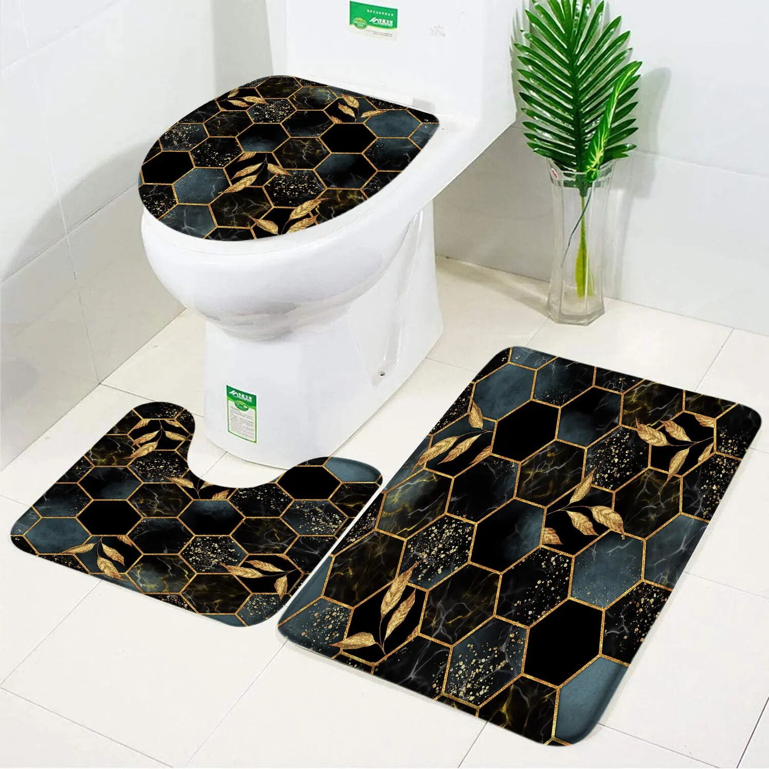 Black Marble Bath Mats Gold Grey Lines Creative Abstract Geometric Art