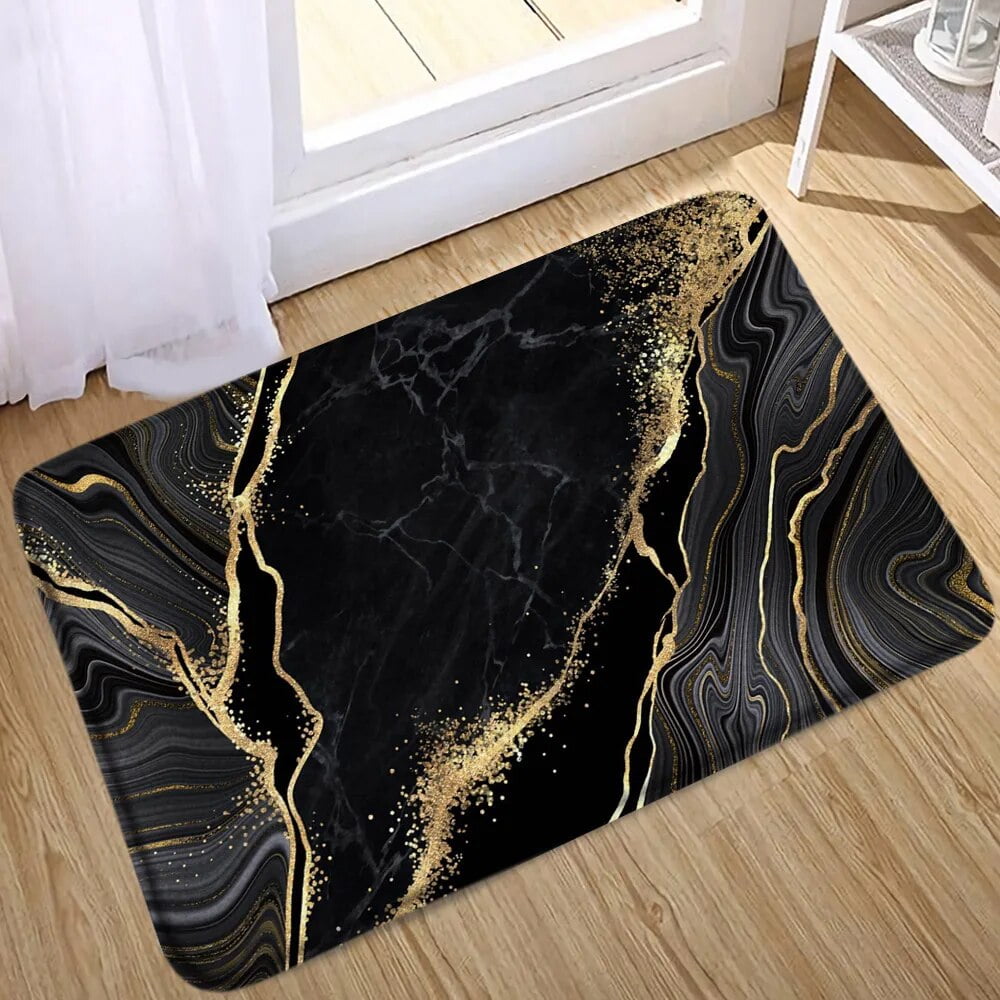 Black Marble Bath Mats Gold Grey Lines Creative Abstract Geometric Art