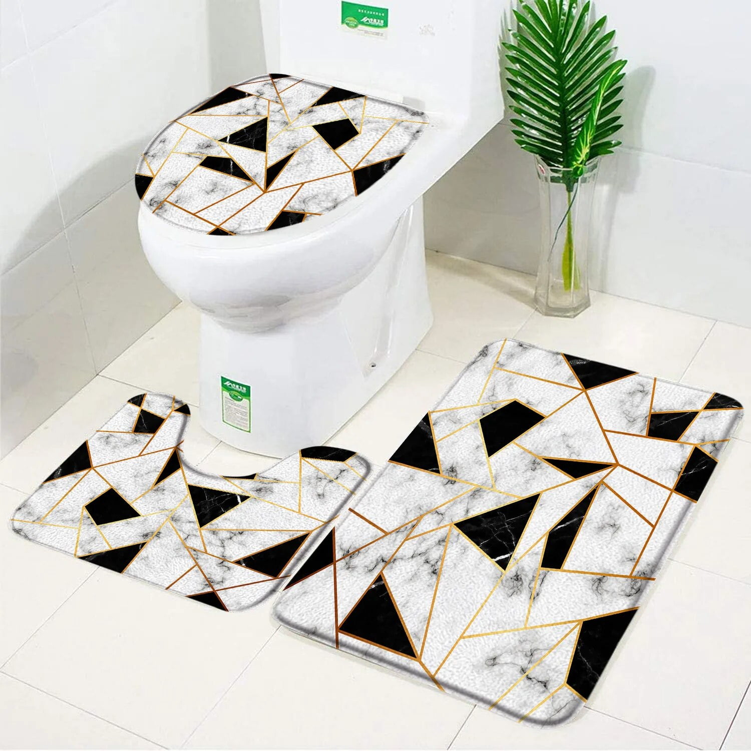 Black Marble Bath Mats Gold Grey Lines Creative Abstract Geometric Art