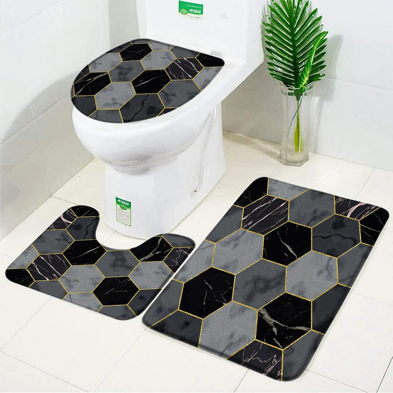 Black Marble Bath Mats Gold Grey Lines Creative Abstract Geometric Art