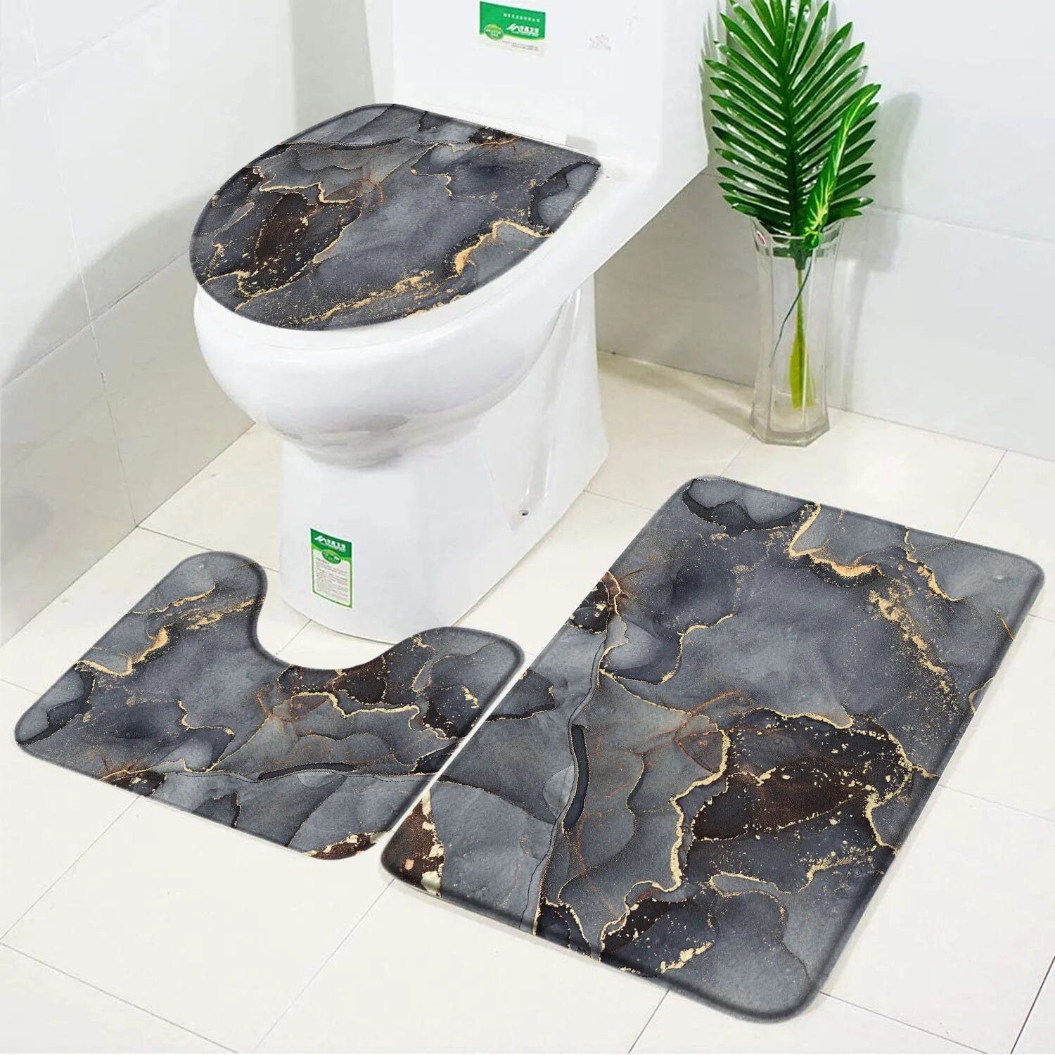 Black Marble Bath Mats Gold Grey Lines Creative Abstract Geometric Art