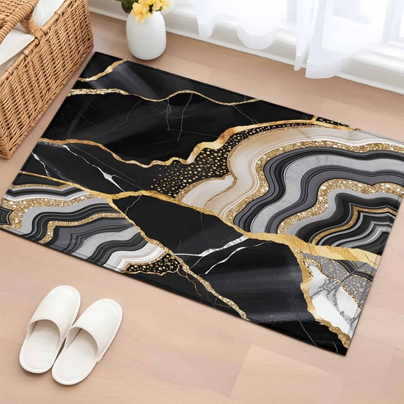 Black Marble Bathroom Rug Washable 2x3 Entryway Rug Non Slip Grey Gold Texture Vintage Farmhouse Art Front Door Mat Low Pile Indoor Doormat Throw Floor Carpet for Kitchen Bedroom Entrance