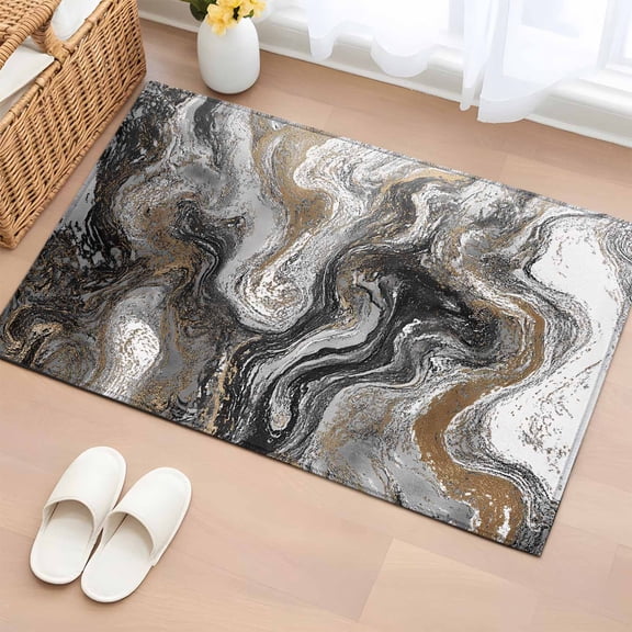 Black Marble Bathroom Rug Washable 2x3 Entryway Rug Non Slip Retro Chic Abstract Mottled Texture Art Front Door Mat Low Pile Indoor Doormat Throw Floor Carpet for Kitchen Bedroom Entrance