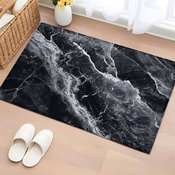 Black Marble Bathroom Rug Washable 2x3 Entryway Rug Non Slip Vintage Chic Abstract Texture Aesthetic Front Door Mat Low Pile Indoor Doormat Throw Floor Carpet for Kitchen Bedroom Entrance