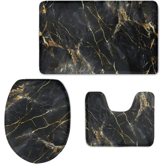 Black Marble Bathroom Rugs Set 3 Piece Absorbent Bath Rugs and U-Shaped Contour Toilet Rug Set Non Slip Quick Dry Bath Mat