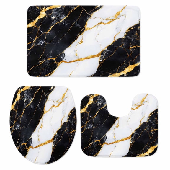 Black Marble Bathroom Rugs Set Gold Foil Modern Non Slip Absorbent Soft Bath Mats 3 Piece Set with Bathroom Rug, U-Shaped Floor Mat, Toilet Seat Cover Large Size