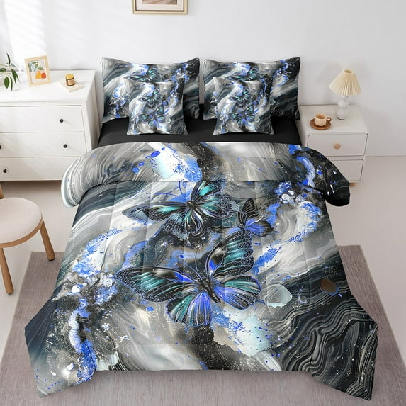 Black Marble Bed in a Bag King Size Comforter Set 7 Pieces Teal Butterfly Sheet Set,Blue Marbling Bedding Sets,Abstract Ombre Ink Fluid Art Bed Set Rustic Animal Butterflies Room Decor Aesthetic