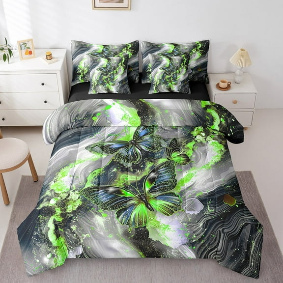 Black Marble Bed in a Bag Queen Comforter Set 7 Piece Blue Butterfly Sheet Set,Green Marbling Bedding Sets,Abstract Ombre Ink Fluid Art Bed Set Rustic Animal Butterflies Room Decor Aesthetic