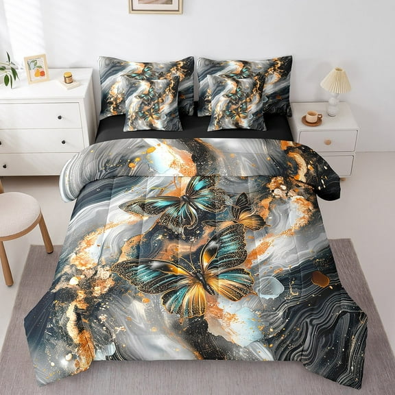 Black Marble Bed in a Bag Queen Comforter Set 7 Piece Teal Butterfly Bedding Sets,Orange Marbling Sheet Set Abstract Ombre Ink Fluid Art Bed Set,Rustic Animal Butterflies Room Decor Aesthetic