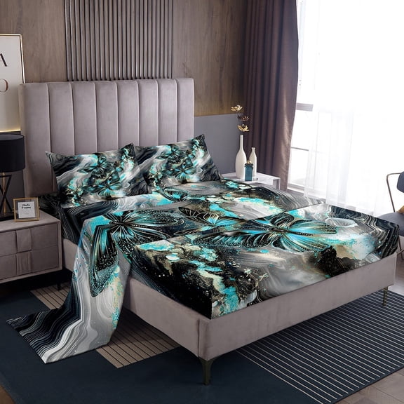 Black Marble Bed Sheets Set Blue Butterfly Sheets,Cyan Marbling Sheet Set Queen,Abstract Ombre Ink Fluid Art Top Sheet Rustic Animal Dreamy Butterflies Room Decor Aesthetic