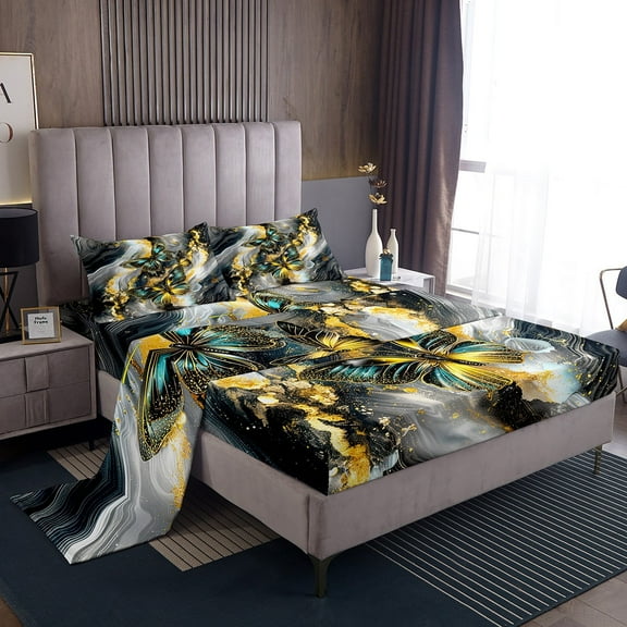 Black Marble Bed&nbsp;Sheets&nbsp;Set Teal Butterfly Sheet&nbsp;Set Queen,Gold Marbling Sheets Abstract Ombre Ink Fluid Art Top&nbsp;Sheet Aesthetic