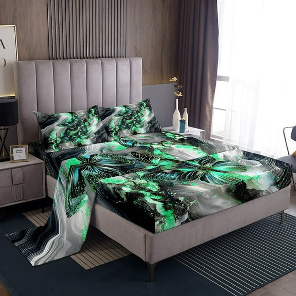 Black Marble Bed Sheets Set Teal Butterfly Sheet Set Queen,Green Marbling Sheets Abstract Ombre Ink Fluid Art Top Sheet Aesthetic