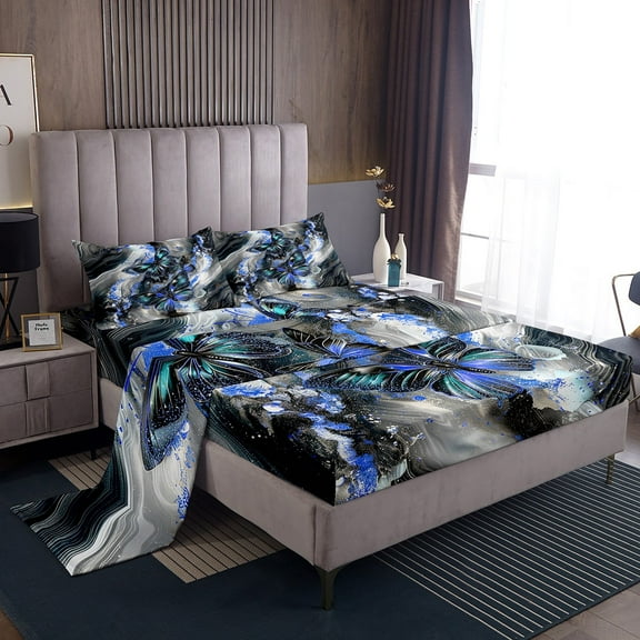 Black Marble Bed Sheets Set Teal Butterfly Sheets,Blue Marbling Sheet Set Queen,Abstract Ombre Ink Fluid Art Top Sheet Rustic Animal Dreamy Butterflies Room Decor Aesthetic