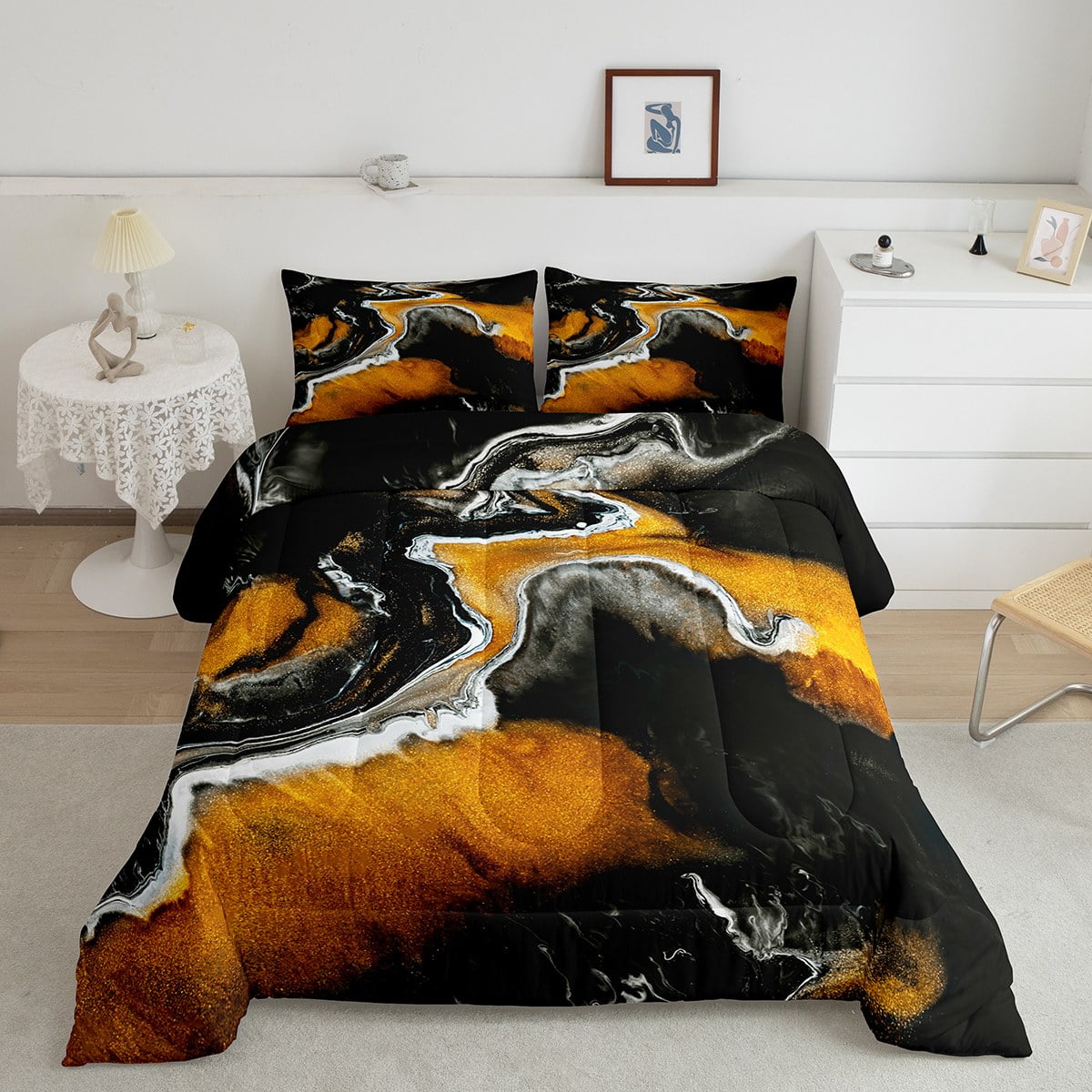Black Marble Bedding Twin Gold Orange Watercolor Comforter Set, White