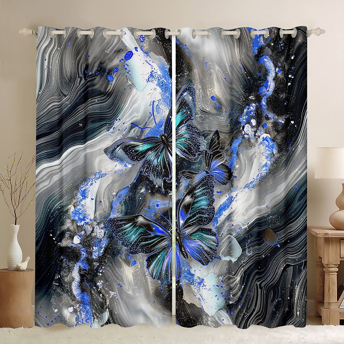 Black Marble 30%-50% Blackout Curtains Teal Butterfly Curtains,Blue Marbling Curtains & Drapes 2 Panels 38"Wx45"L