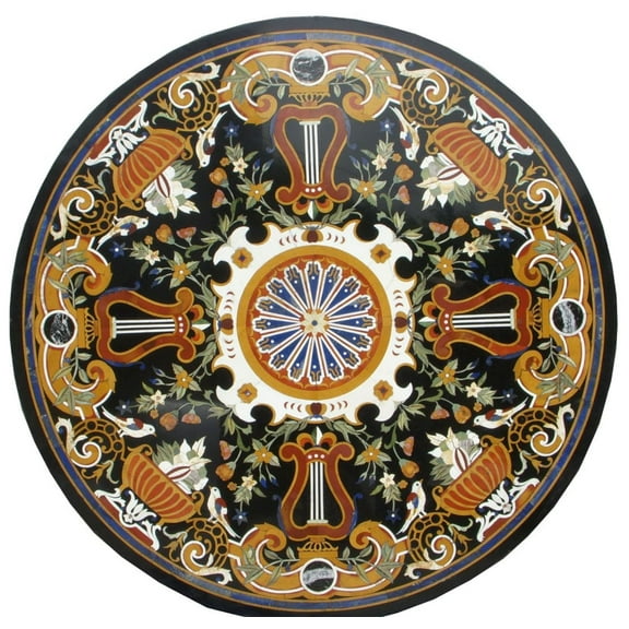 Black Marble Center Table, Hallway Table Top, Inlay Black Marble Table Top, Patio Table Top - Mosaic Art Design-36 Inch
