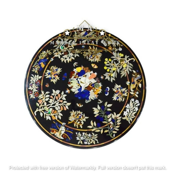 Black Marble Center Table with Pietra Dura Mosaic Art - Floral Tabletop for Hallway, Outdoor Bar & Modern Home Decor-48 Inch