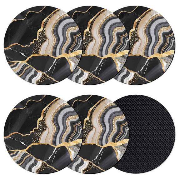 Black Marble Coasters Set of 6, Grey Gold Texture Vintage Farmhouse Art Absorbent Coasters for Drinks, Coaster for Bar Office Dining Coffee Table Accessories Decor, Non Slip Round Desk Coaster