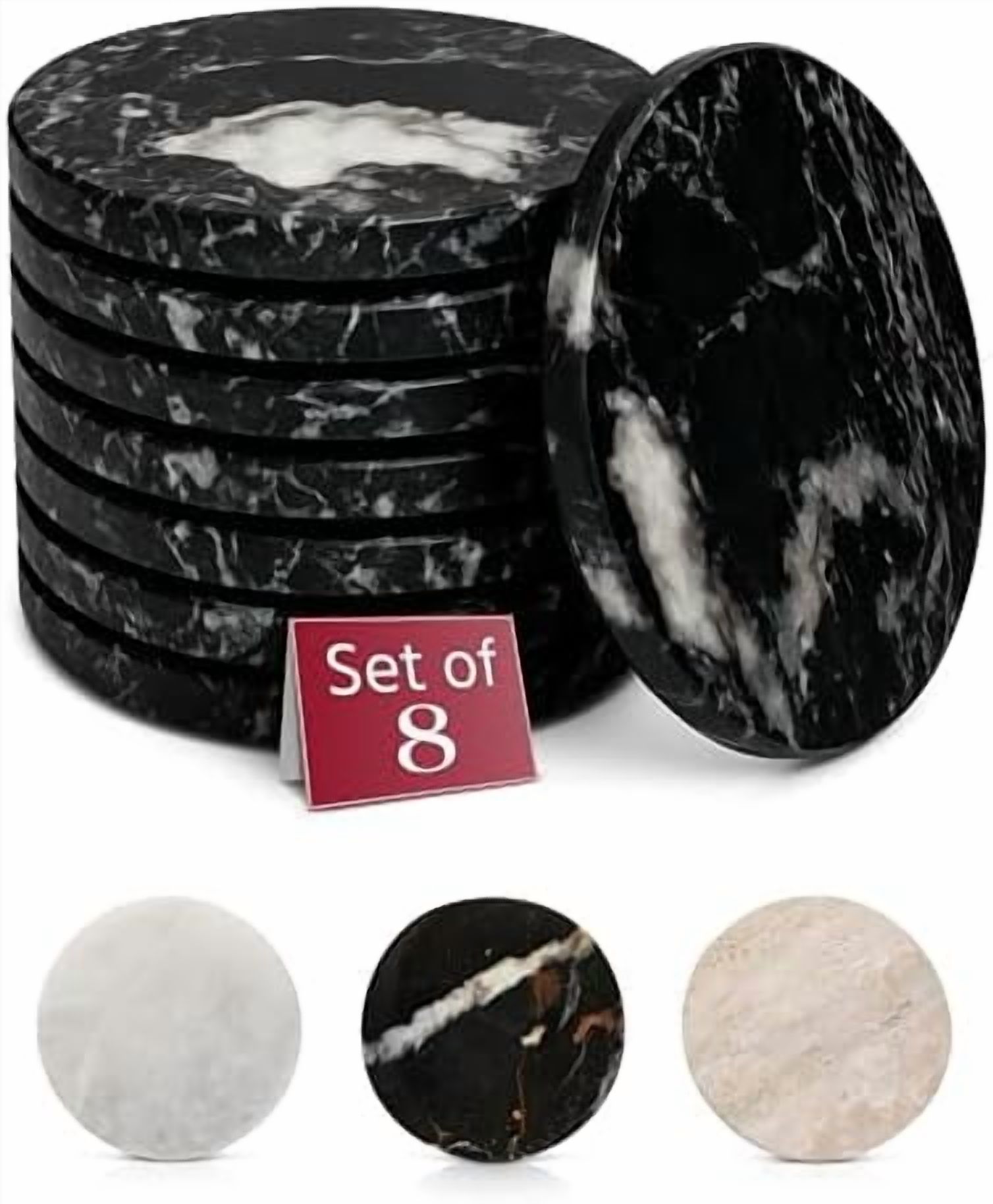 Black Marble Coasters Set of 8 - Modern Natural Stone Coasters for ...