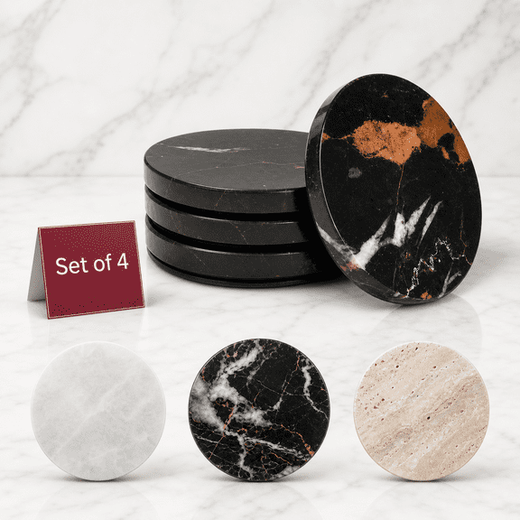 Black Marble Coasters Set Of 4 - Luxury Stone For Drinks Genuine Kitchen Accessories Round Artiscoaster Counter Coffee Table Home Decor