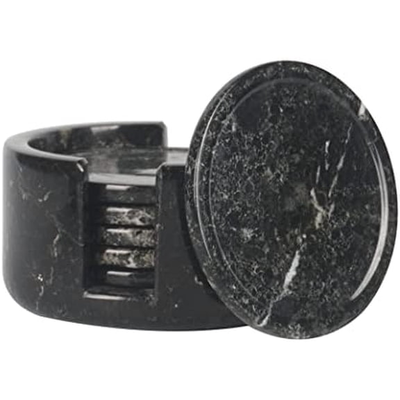 Black Marble Coasters Set of 6 Handmade 3.5" Inch Round Coasters for Drinks, Coaster Set with Holder, Elegant Table Decor