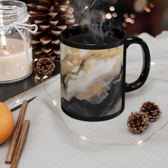 Black Marble Coffee Mug: Gold Bronze Swirl Design (11oz)