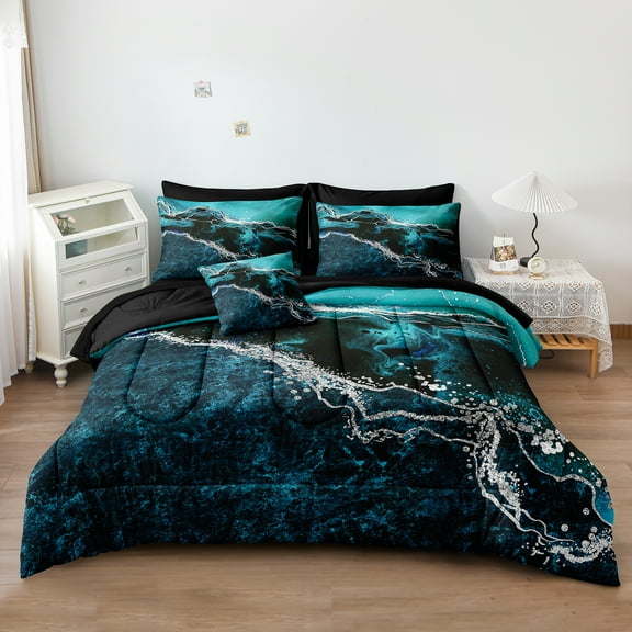 Black Marble Comforter Set 8 Pcs Turquoise Blue Bedding Set Bed in A Bag Blue and Black Stone Texture Abstract Room Decor Black Marble Bed Comforter
