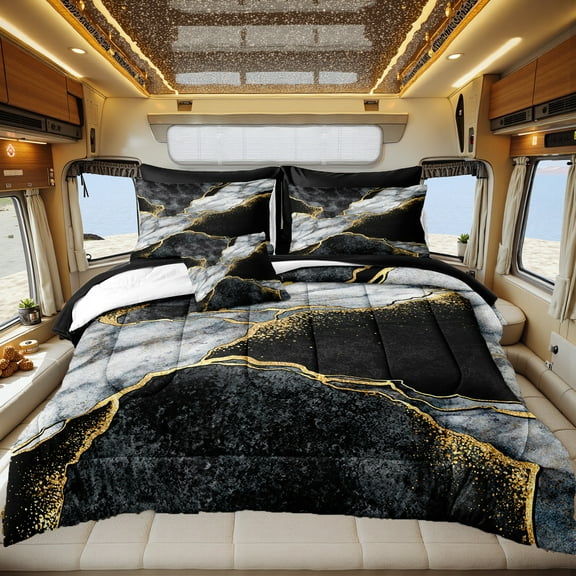 Black Marble Comforter Set King Size 8 Pieces Bed in a Bag Gold Metallic Marble Design Bedding with 1 Comforter, 4 Pillowcase, 1 Flat Sheet, 1 Fitted Sheet, 1 Cushion Cover