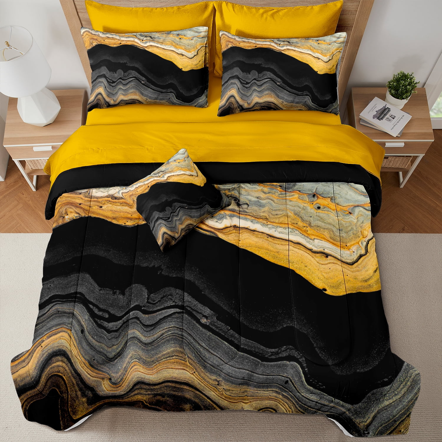 Black Marble Comforter Set Queen Size 8 Pieces Bed in a Bag Abstract